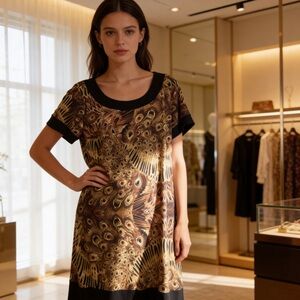 Enfocus Studio Peacock Print Shift Dress • Brown & Gold Pattern • Size 8
